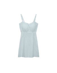 Eyelet Lace Embroidered Padded Mini Dress with Front Ribbon Detail