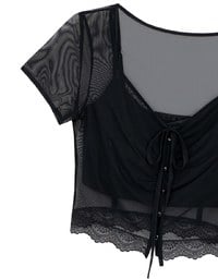 Lace Trimmed Sheer Mesh Outer Top with Front Tie Detail and Solid Spaghetti Strap Cami Padded Top Set Wear