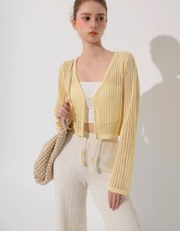 2 Way Ruched Openwork Crochet Knit Cardigan Top with Beaded Tassels