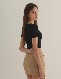 Slim Fit Button Up U Neck Ribbed Crop Top