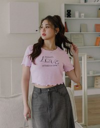 Crew Neck Letter Embroidered Ruffle Trim Short Sleeve Top