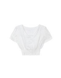 V Neck Ruched Crop Top With Pearl Button Detail