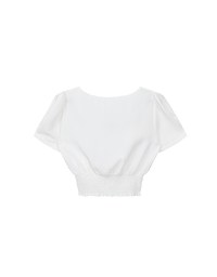 V Neck Ruched Crop Top With Pearl Button Detail