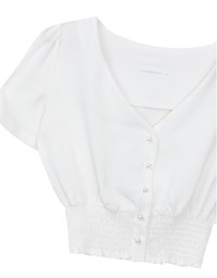 V Neck Ruched Crop Top With Pearl Button Detail