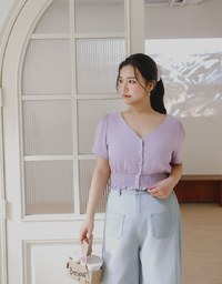 V Neck Ruched Crop Top With Pearl Button Detail