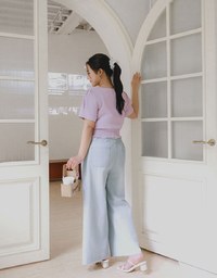 V Neck Ruched Crop Top With Pearl Button Detail