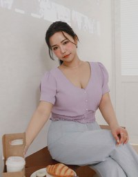V Neck Ruched Crop Top With Pearl Button Detail