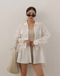 Skin Protection Sheer Button Up Oversized Blouse with Two Flap Pockets