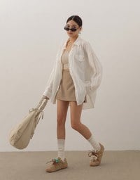 Skin Protection Sheer Button Up Oversized Blouse with Two Flap Pockets