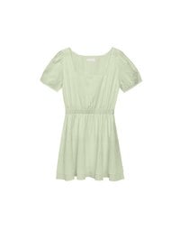 Square Neck Crinkled Texture Puff Sleeve Buttoned Up Mini Dress