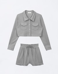 Casual Button Up Textured Cropped Blouse and Elastic Shorts Set Wear