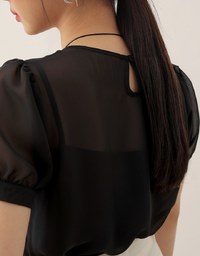Sheer Puff Sleeve Mesh Top And Basic Camisole Set Wear