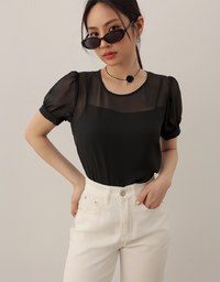 Sheer Puff Sleeve Mesh Top And Basic Camisole Set Wear