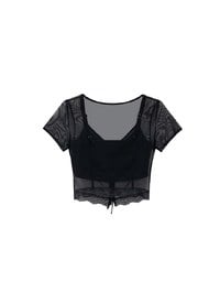 Lace Trimmed Sheer Mesh Outer Top with Front Tie Detail and Solid Spaghetti Strap Cami Padded Top Set Wear