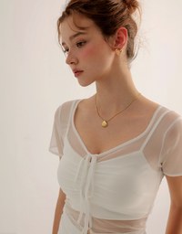 Lace Trimmed Sheer Mesh Outer Top with Front Tie Detail and Solid Spaghetti Strap Cami Padded Top Set Wear