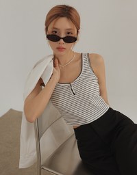 Ruffle Hem Button Front Striped Crop Tank Top