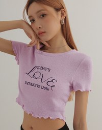 Crew Neck Letter Embroidered Ruffle Trim Short Sleeve Top