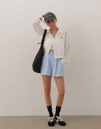 Skin Protection Sheer Button Up Cropped Blouse with AIR SPACE LOGO Embroidered