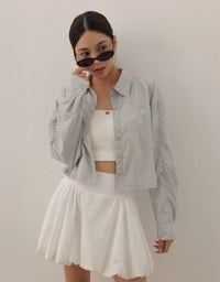 Skin Protection Sheer Button Up Cropped Blouse with AIR SPACE LOGO Embroidered