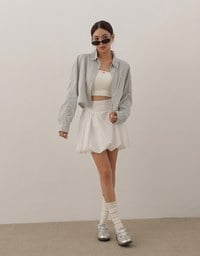 Skin Protection Sheer Button Up Cropped Blouse with AIR SPACE LOGO Embroidered