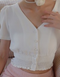 V Neck Ruched Crop Top With Pearl Button Detail