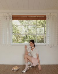 V Neck Ruched Crop Top With Pearl Button Detail