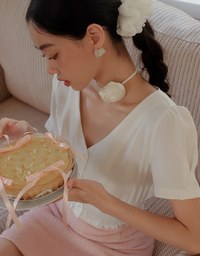 V Neck Ruched Crop Top With Pearl Button Detail