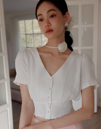 V Neck Ruched Crop Top With Pearl Button Detail