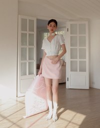 V Neck Ruched Crop Top With Pearl Button Detail