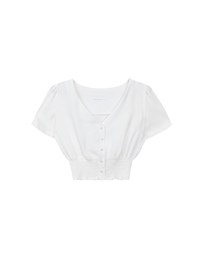 V Neck Ruched Crop Top With Pearl Button Detail
