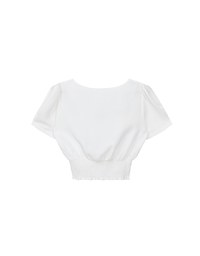 V Neck Ruched Crop Top With Pearl Button Detail