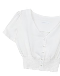 V Neck Ruched Crop Top With Pearl Button Detail