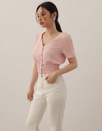 V Neck Ruched Crop Top With Pearl Button Detail