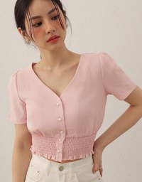 V Neck Ruched Crop Top With Pearl Button Detail