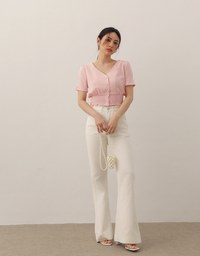 V Neck Ruched Crop Top With Pearl Button Detail