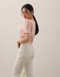V Neck Ruched Crop Top With Pearl Button Detail