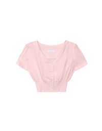 V Neck Ruched Crop Top With Pearl Button Detail