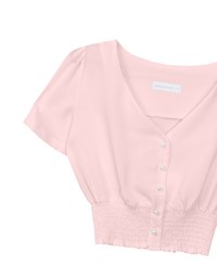 V Neck Ruched Crop Top With Pearl Button Detail