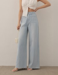Jeans Denim Wide Leg Pants with Raw Hem and Patch Pockets