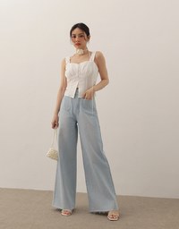 Jeans Denim Wide Leg Pants with Raw Hem and Patch Pockets