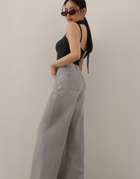 Jeans Denim Wide Leg Pants with Raw Hem and Patch Pockets