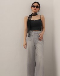 Jeans Denim Wide Leg Pants with Raw Hem and Patch Pockets