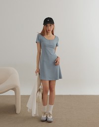 U Neck Solid Button Front Bodycon Flared Mini Dress