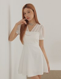 Buttoned Sheer Patchwork Chiffon Flare Mini Dress