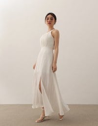 Elegant Halter Neck Pleated Padded Maxi Dress with Side Slit and Flowy Hem