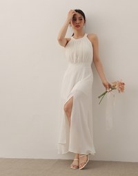 Elegant Halter Neck Pleated Padded Maxi Dress with Side Slit and Flowy Hem