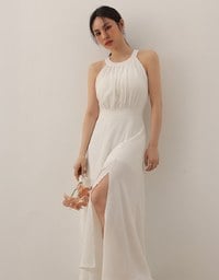 Elegant Halter Neck Pleated Padded Maxi Dress with Side Slit and Flowy Hem