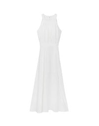Elegant Halter Neck Pleated Padded Maxi Dress with Side Slit and Flowy Hem