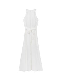 Elegant Halter Neck Pleated Padded Maxi Dress with Side Slit and Flowy Hem