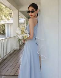 Elegant Halter Neck Pleated Padded Maxi Dress with Side Slit and Flowy Hem